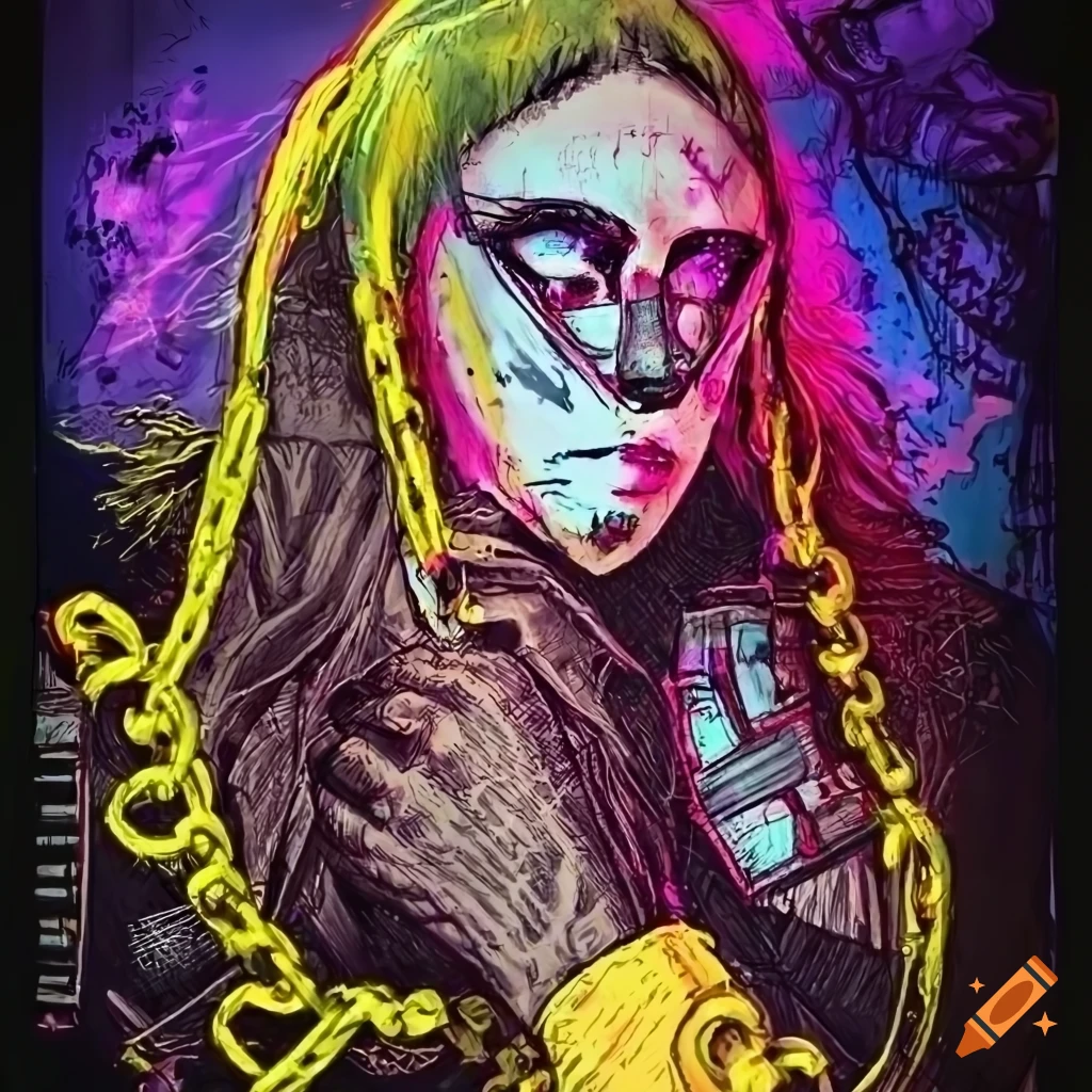 cyberpunk ink drawing of a burned hacker with unique style