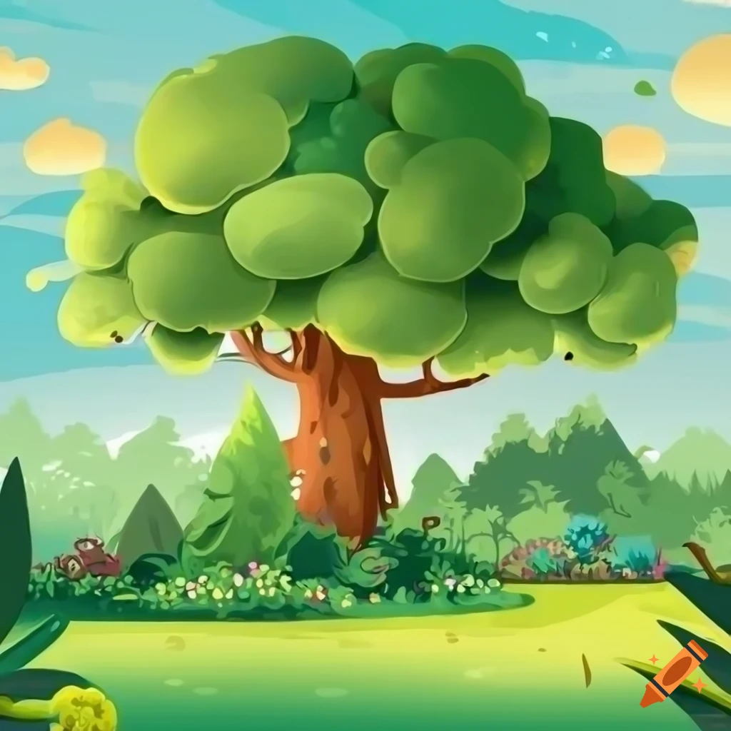 colorful illustration of trees in a garden