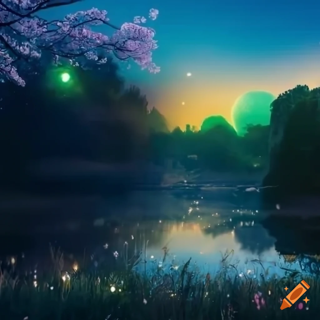 sakura pond with magical lights