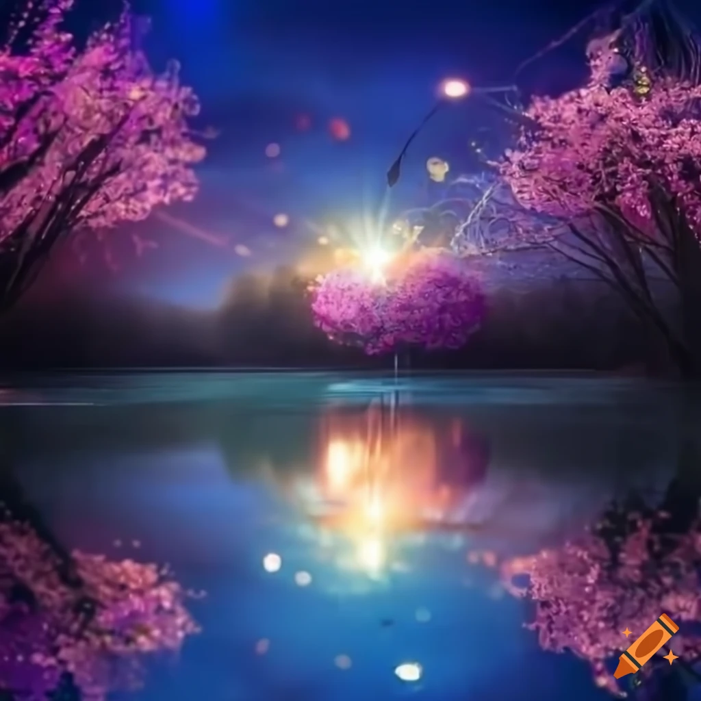 sakura pond with magical lights