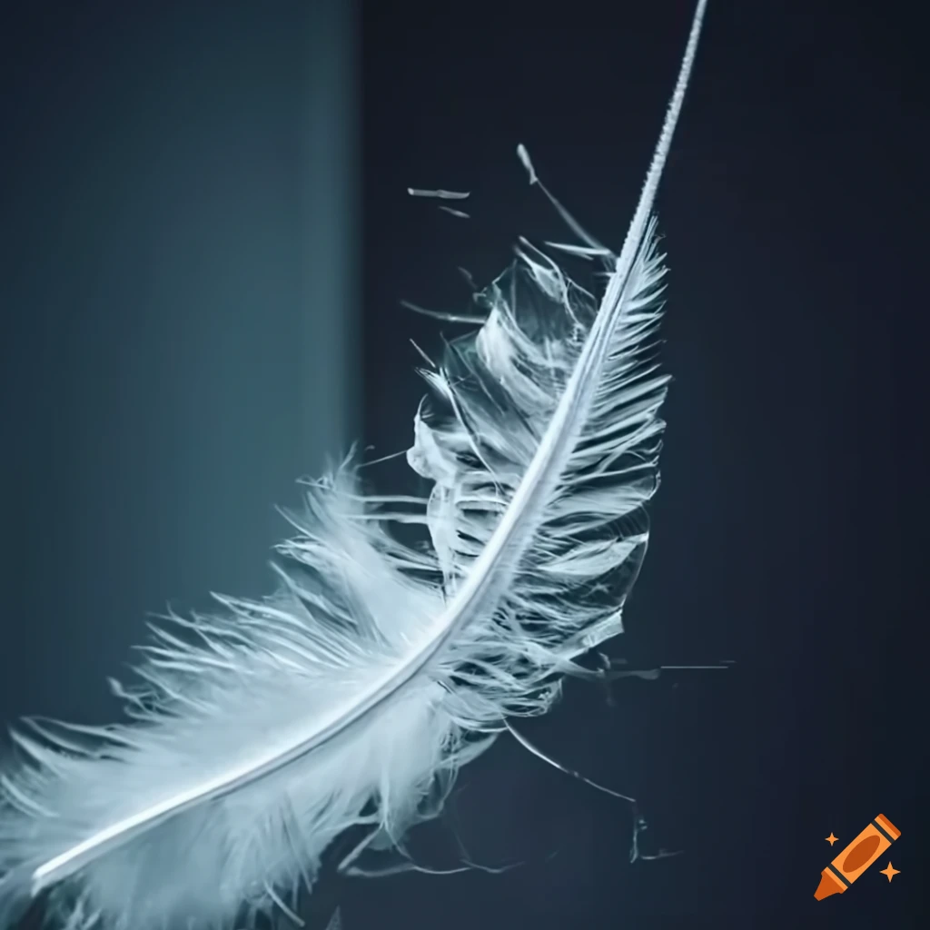 cinematic white feather on shattered glass