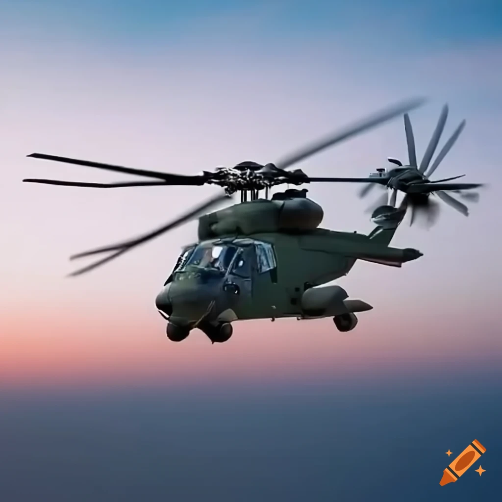 military helicopter in flight
