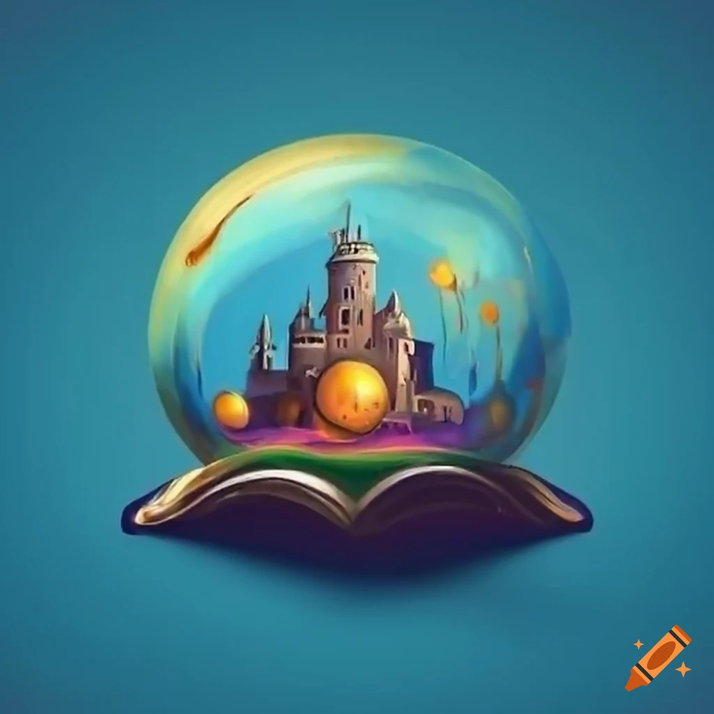 logo of an enchanted book with a castle and a golden ball of yarn