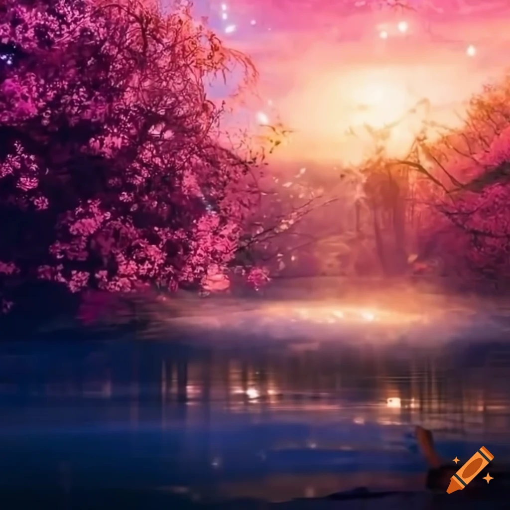shiny pond with sakura and magical lights