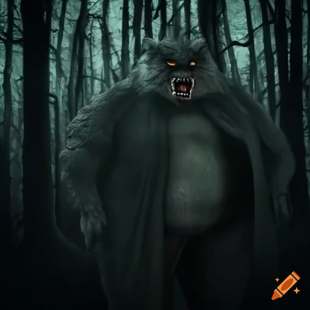 image of a fat werewolf in a dark forest
