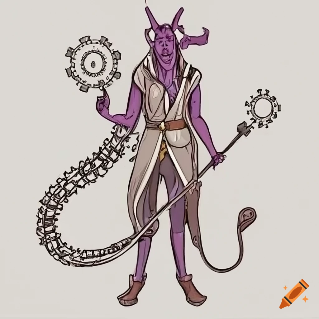 art of a tiefling mage with a mechanical staff