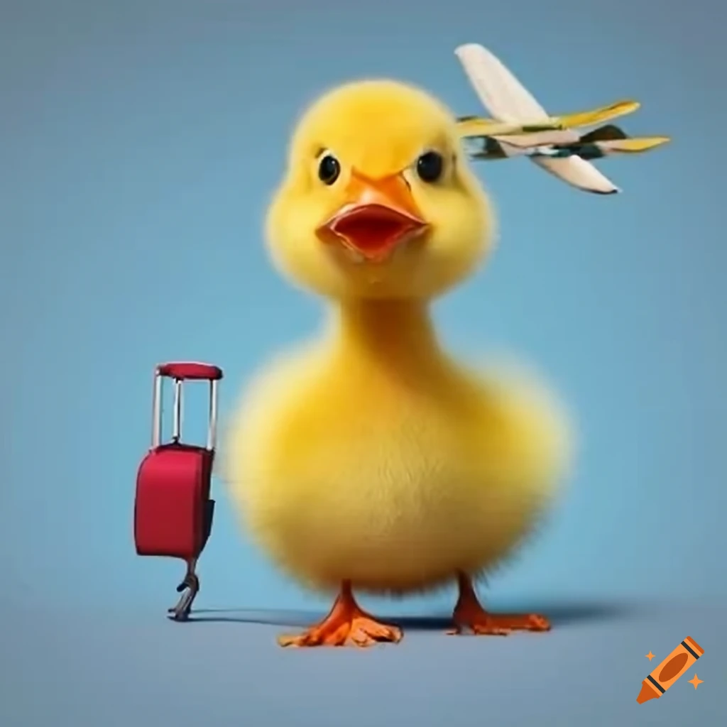 duckling with a suitcase and plane in the background