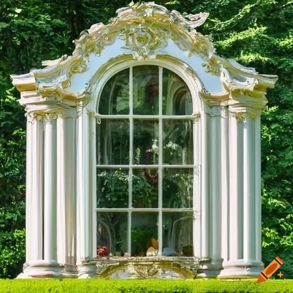White pillars and tall rococo windows in a garden on Craiyon