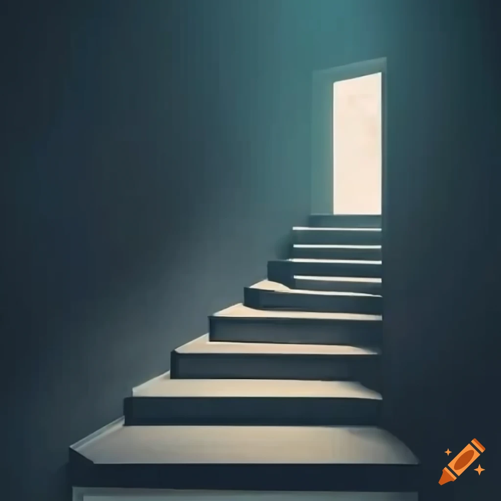 surreal image of a young man climbing a staircase towards a bright door