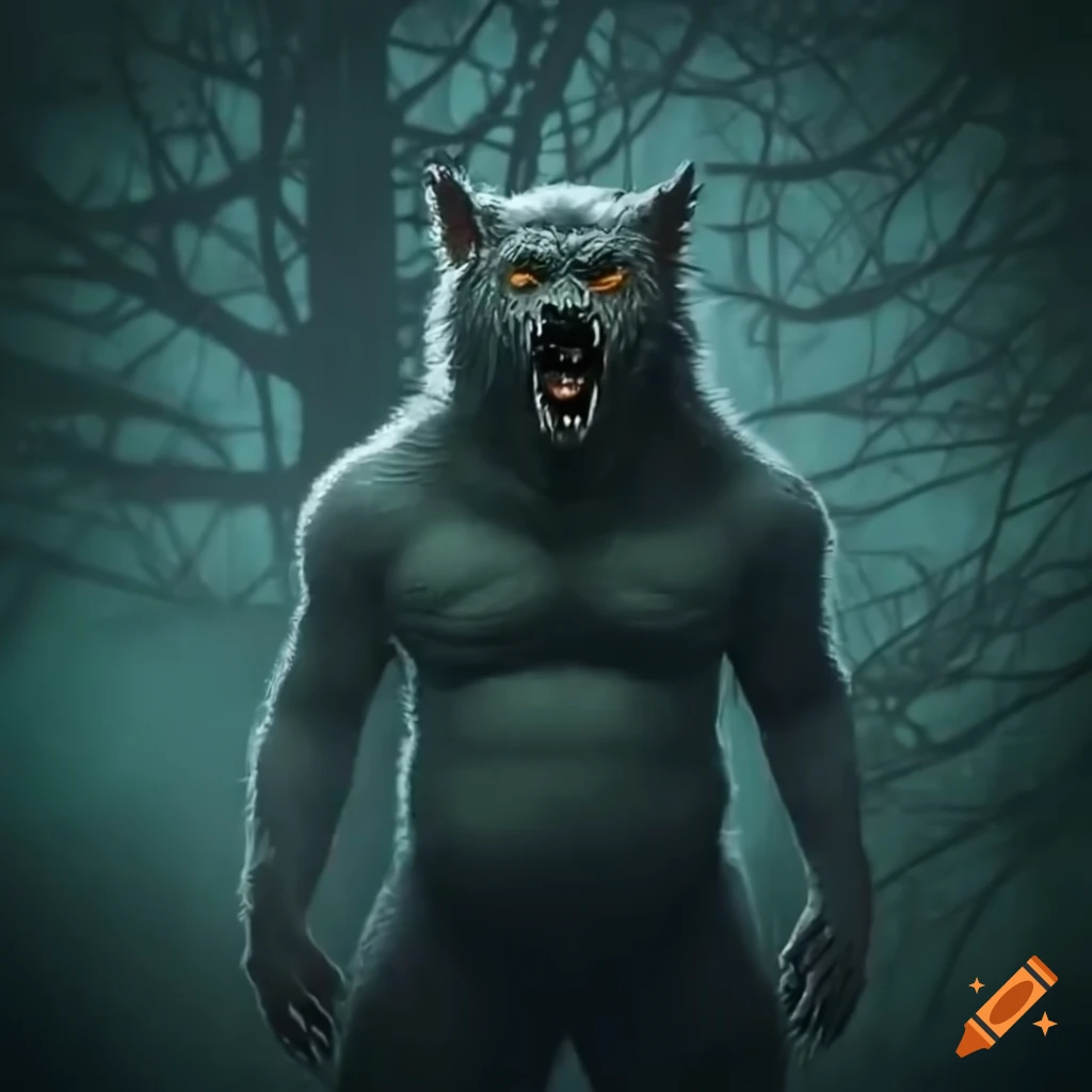 realistic depiction of a fat-bellied werewolf in a dark forest
