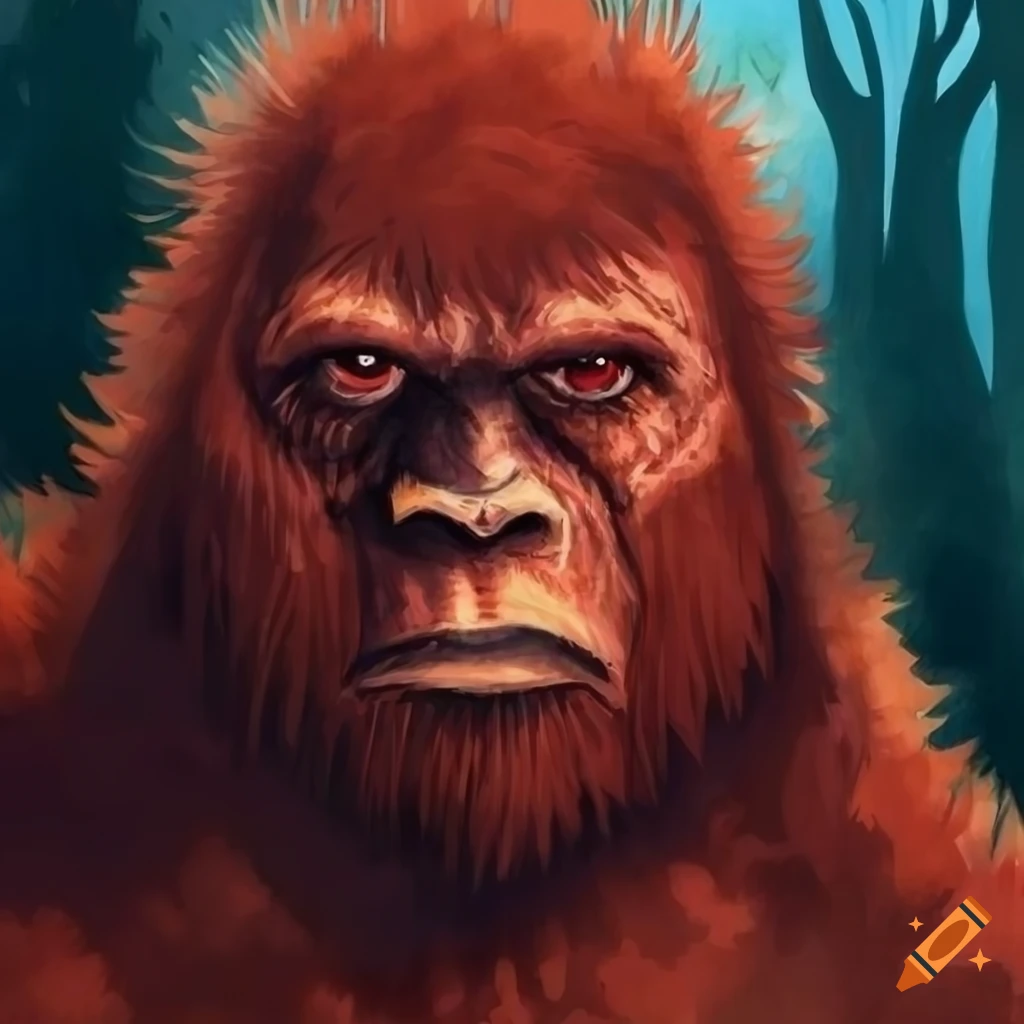 colorless aquarel portrait of red-furred heroic bigfoot in a forest
