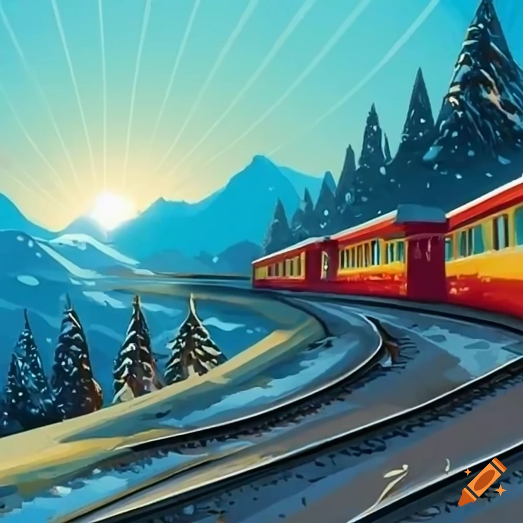 artwork of a train on snowy train tracks with mountains in the background
