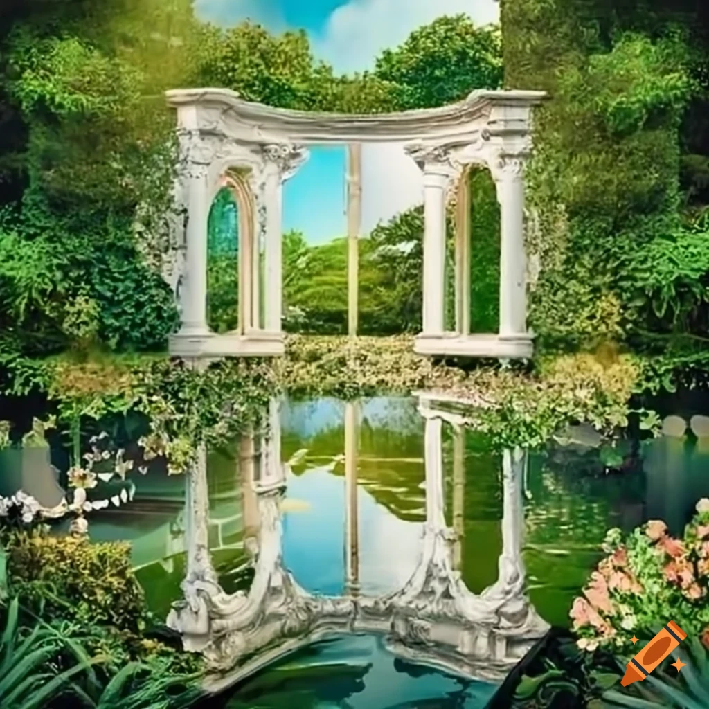 rococo-style garden balcony with tall windows overlooking a pond
