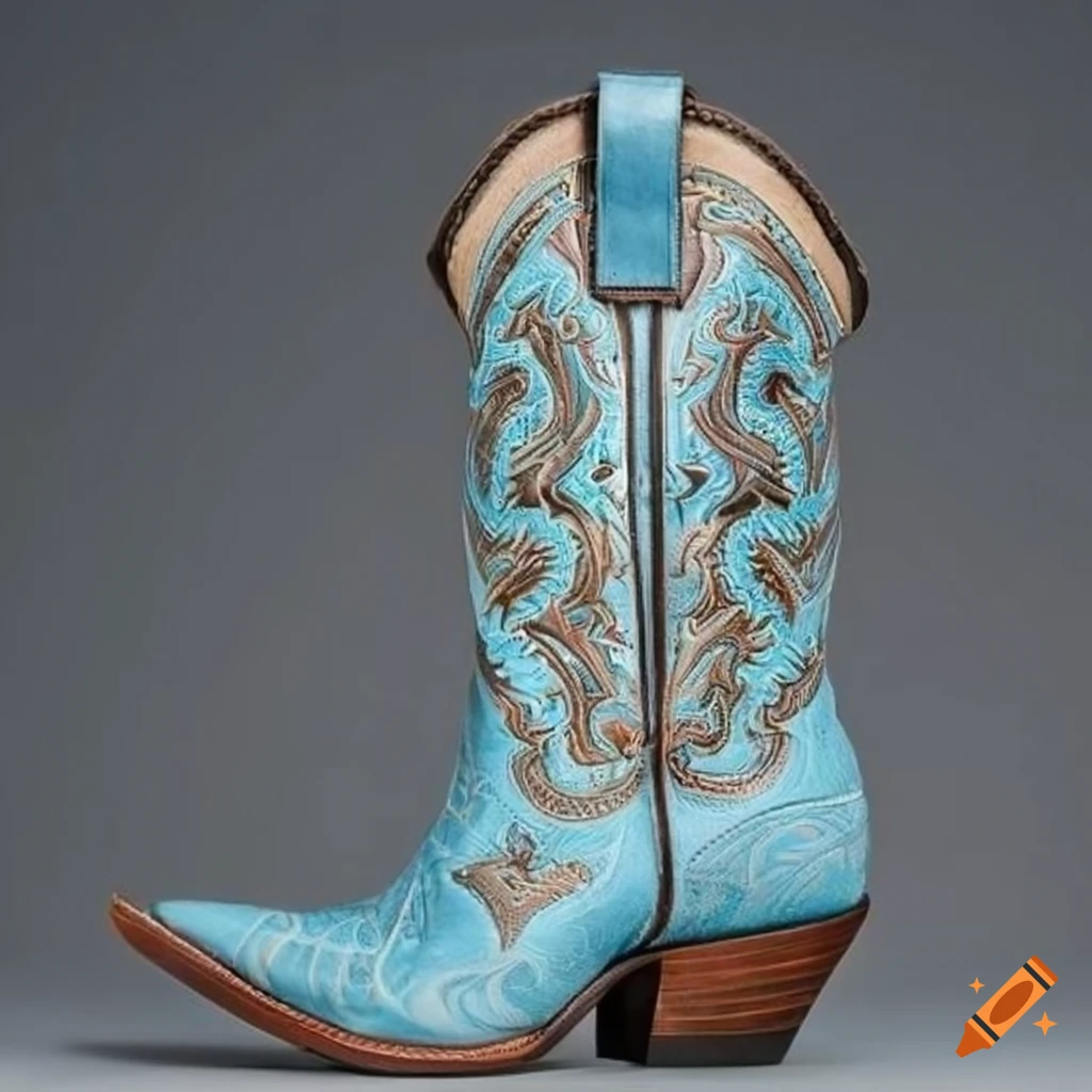 pale blue and tan cowgirl boot with intricate western design