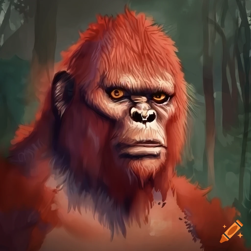 aquarel portrait of a red-furred heroic fantasy bigfoot