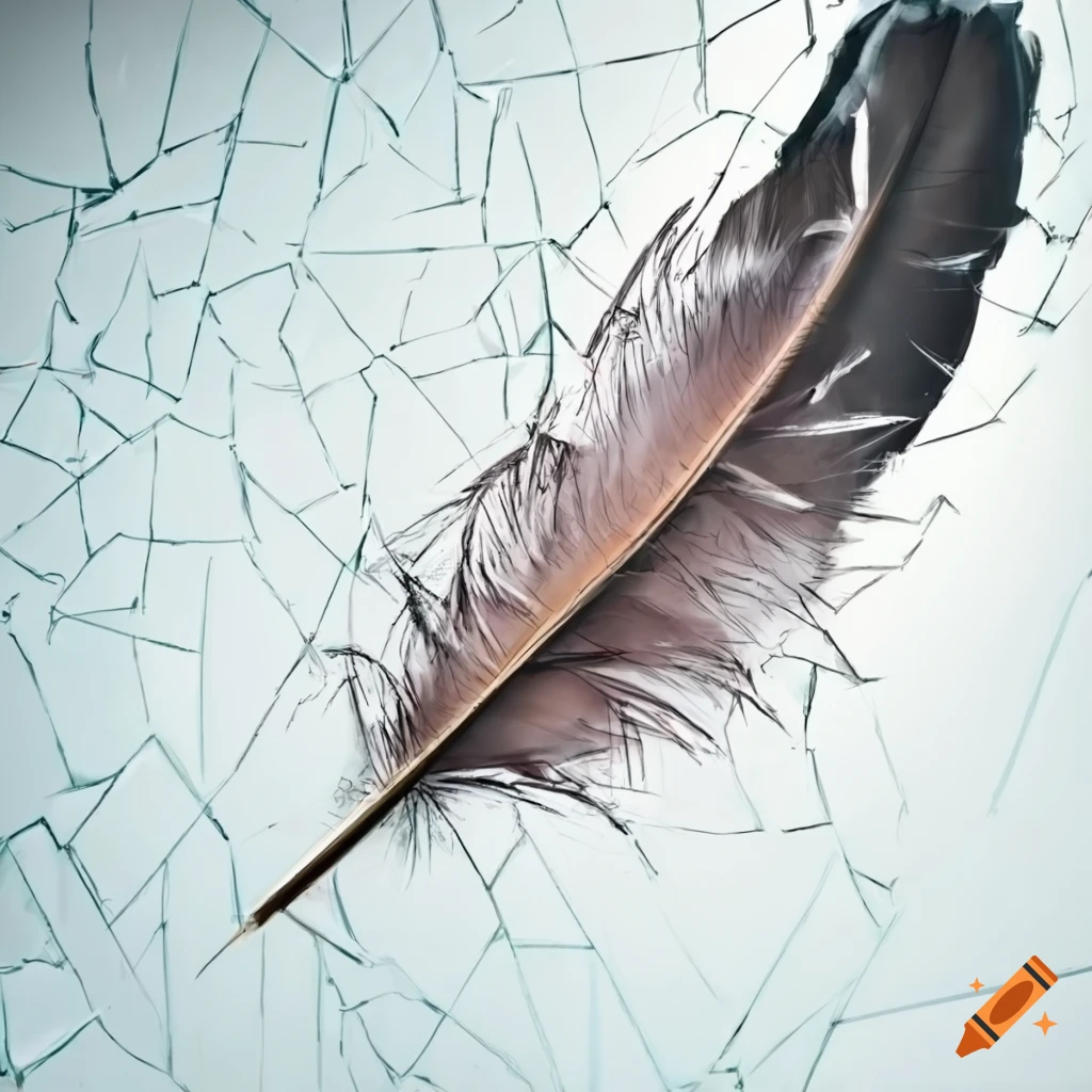 feather on shattered glass in a white room