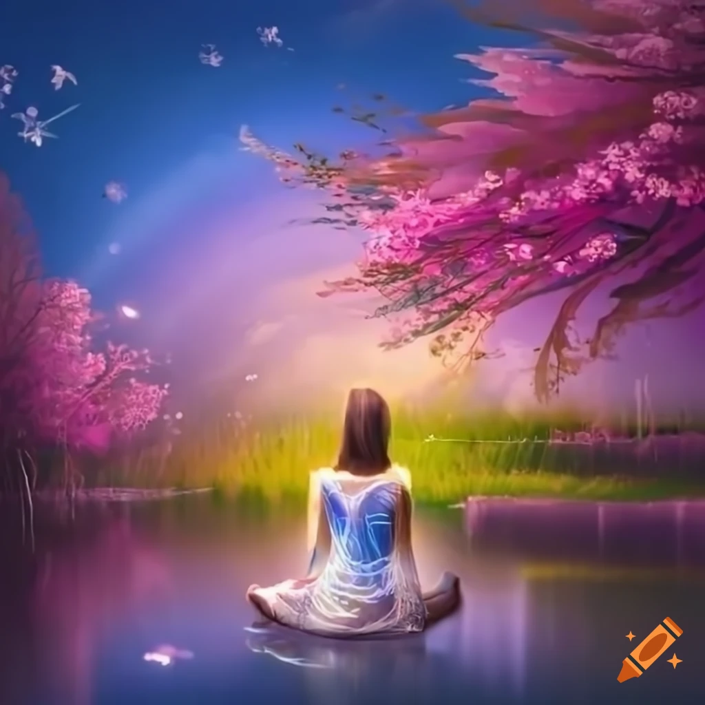 sakura pond with magical lights and a woman sitting by it