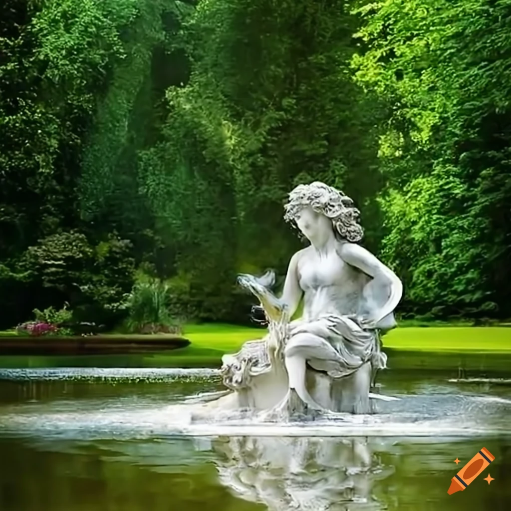 fountain in a rococo garden with an angel statue