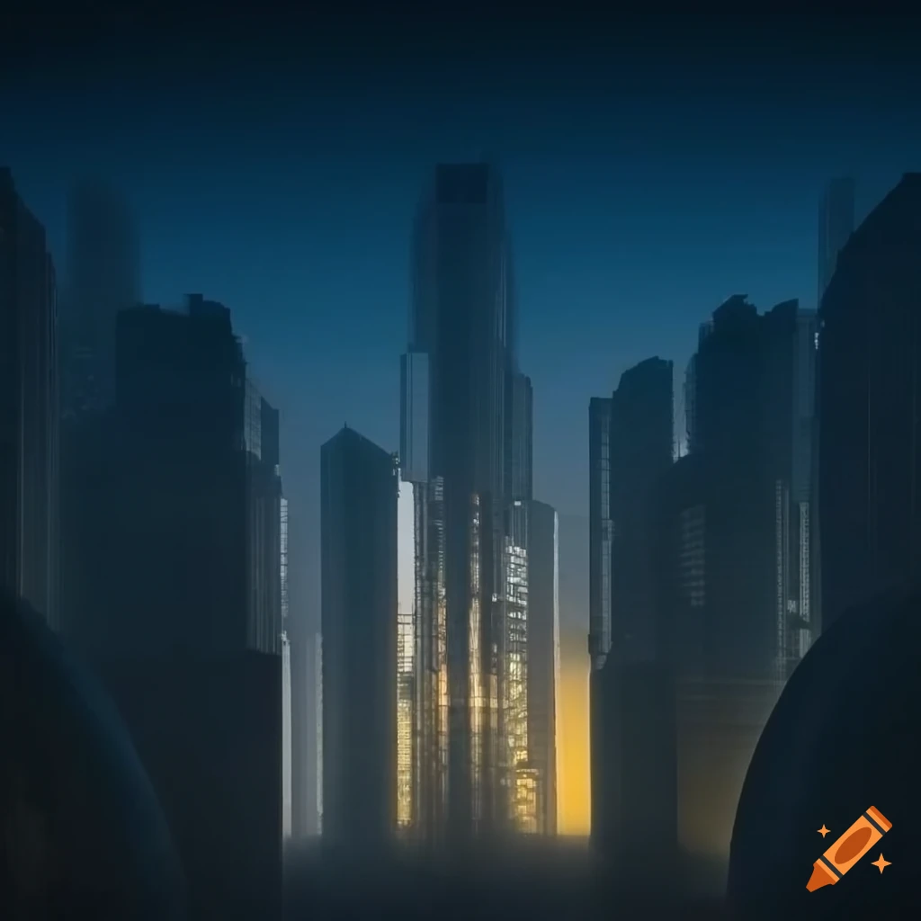 futuristic cityscape at dusk with light beams