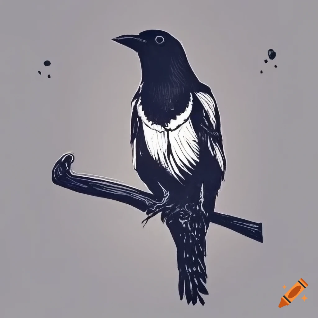 black and white linocut of a magpie