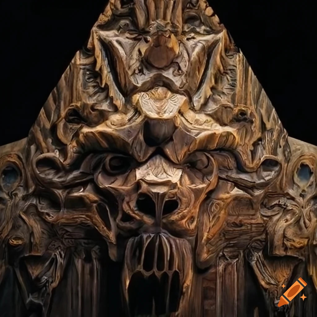 detailed architectural carving with moth werewolf motif
