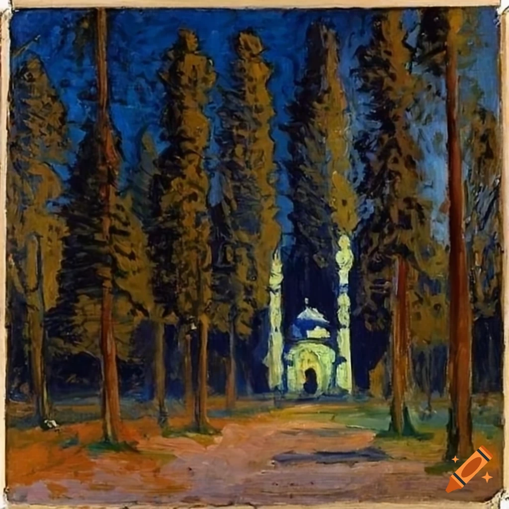 impressionistic painting of a mosque in the night