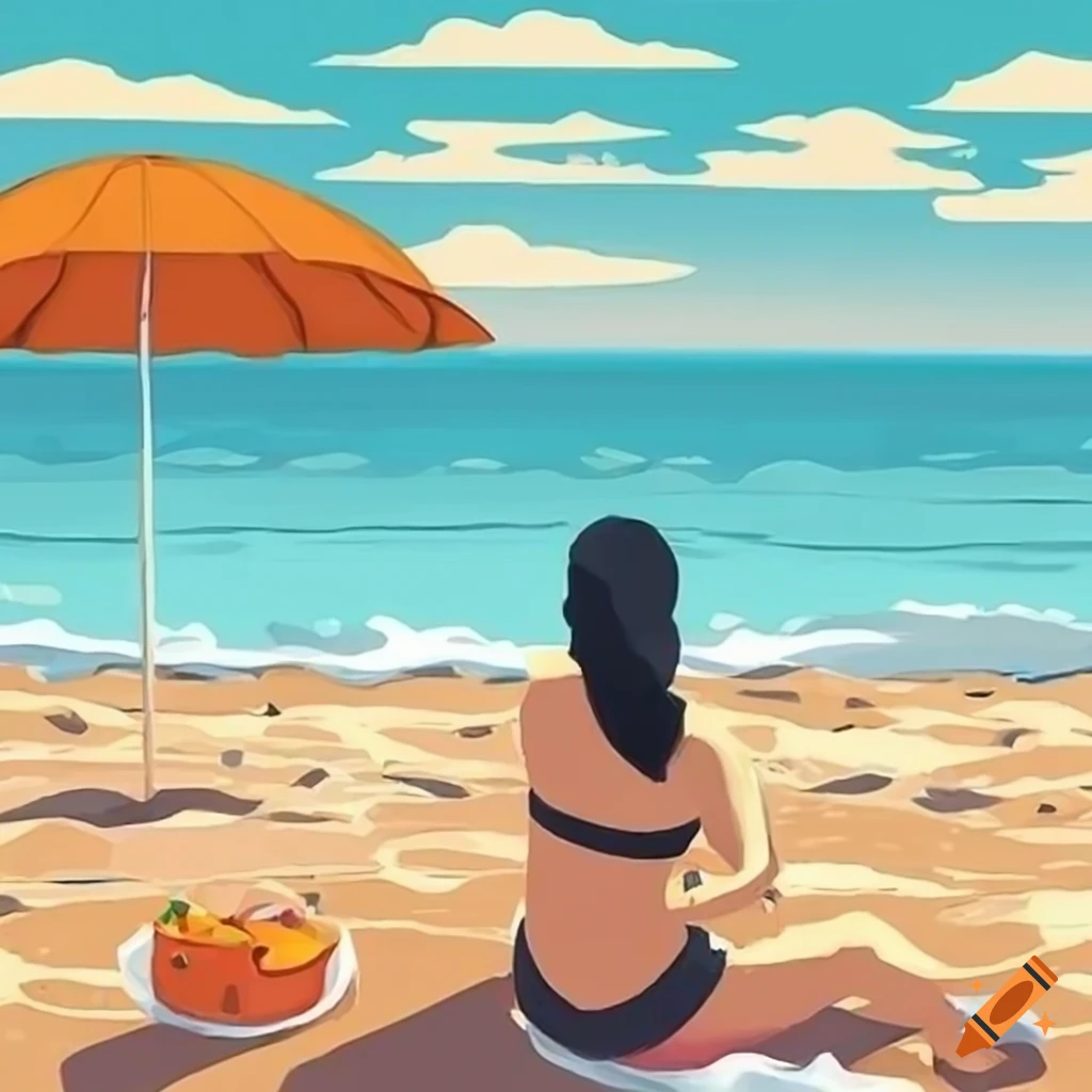 illustration of a female sunbather on a beach in a coastal town