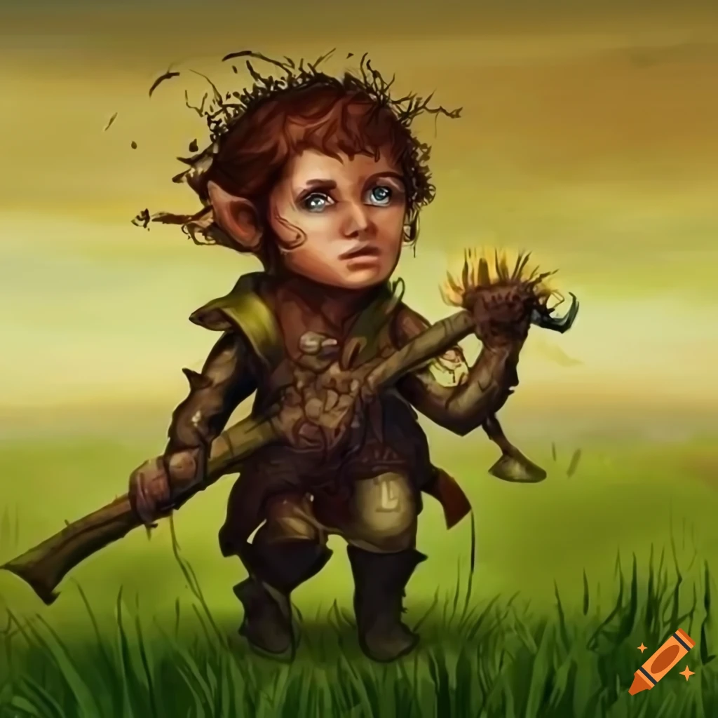 fantasy artwork of a halfling in a grassy field