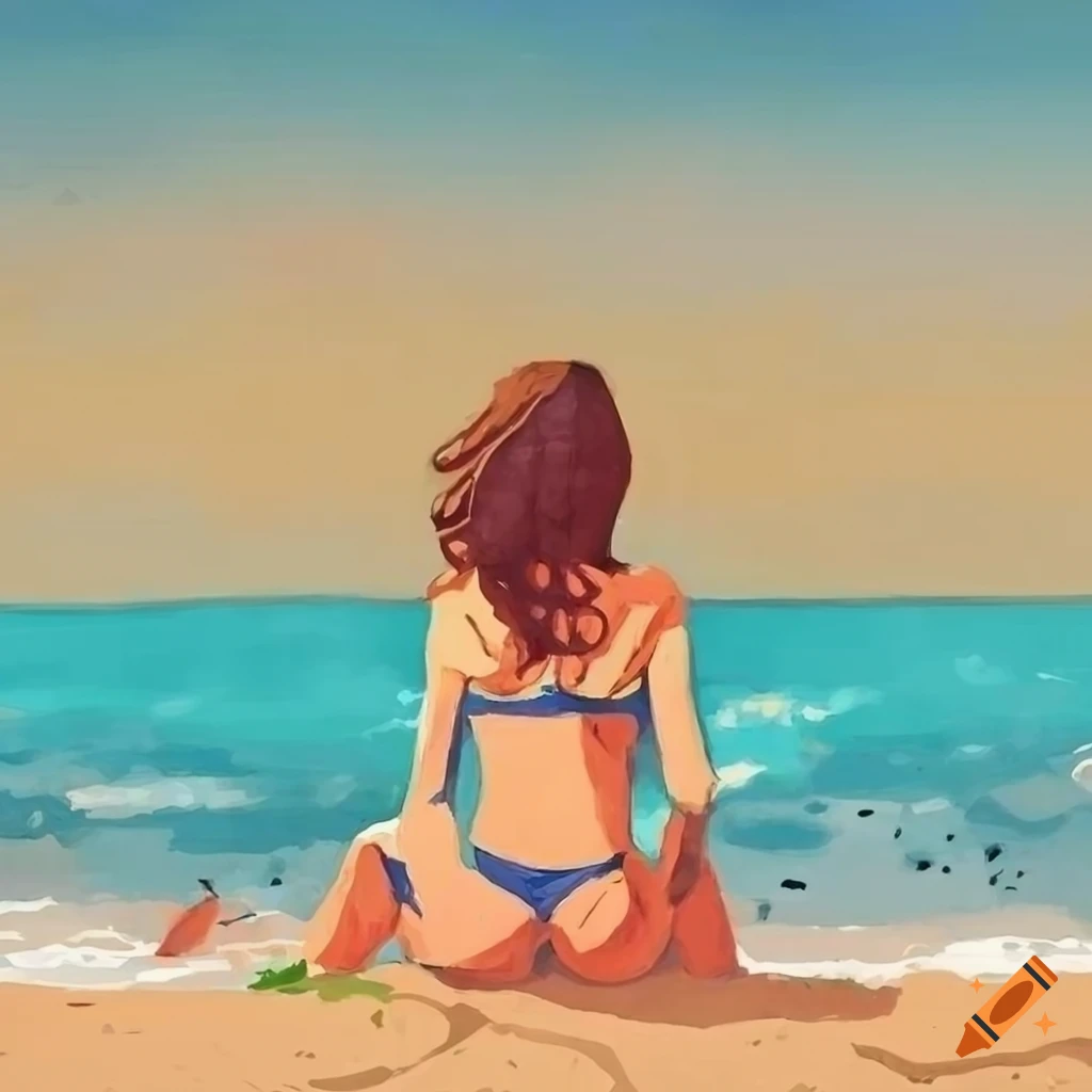 flat painting of a sunbather on a beach in a coastal town