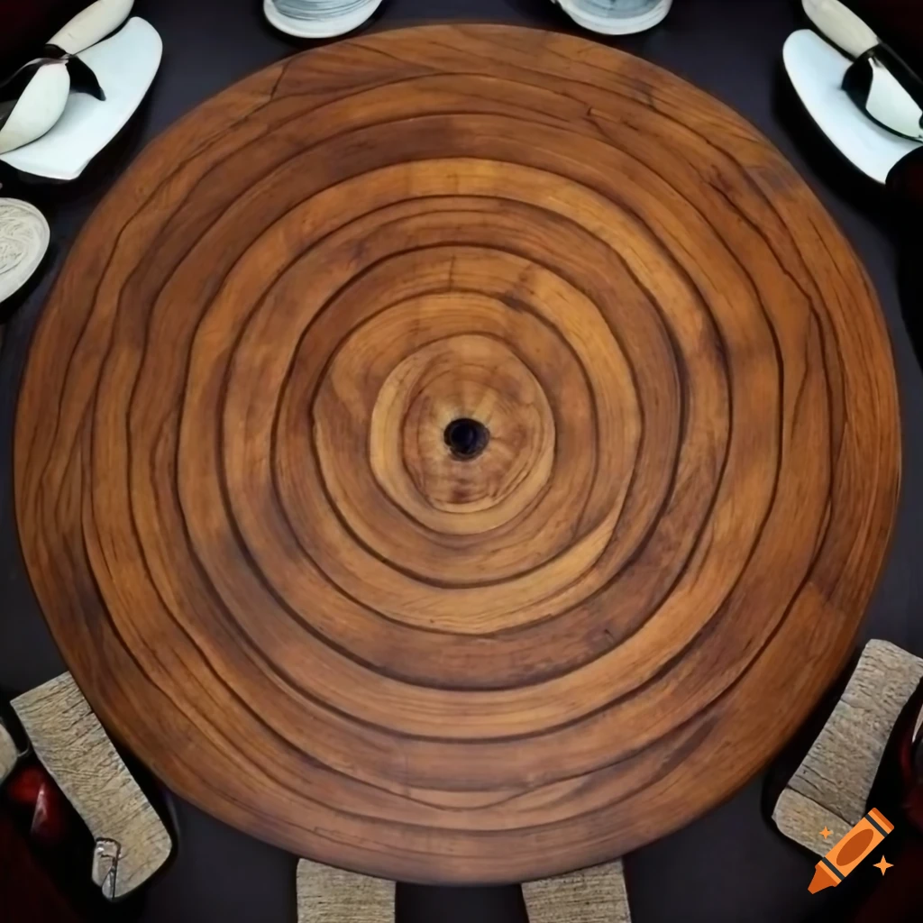 fisheye view of a wooden table surrounded by chairs
