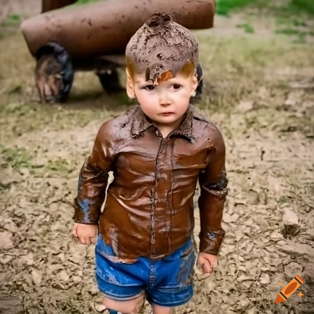 portrait of a mud-covered Russian toddler farmer boy