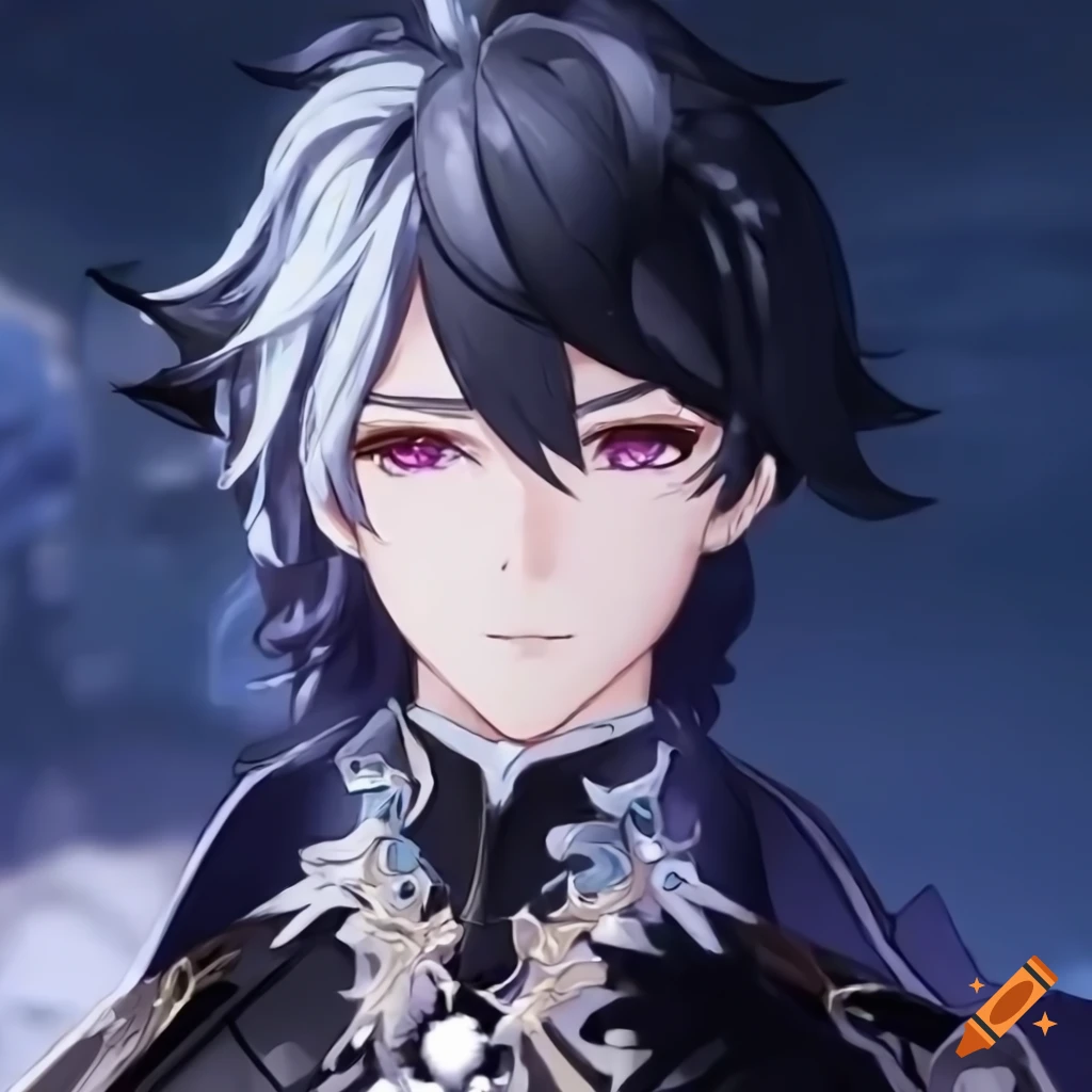 Genshin Impact character with black and white long hair and purple eyes