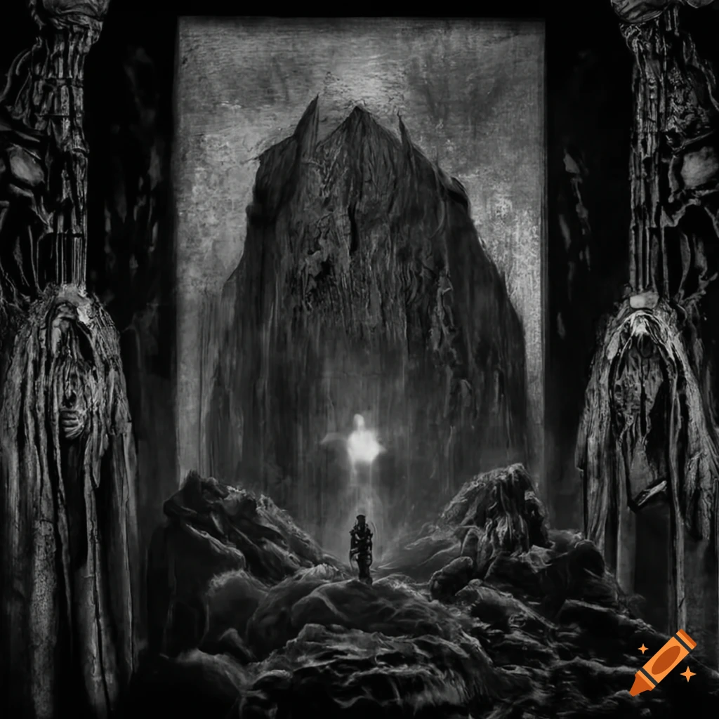 dark black metal album artwork with a monolith