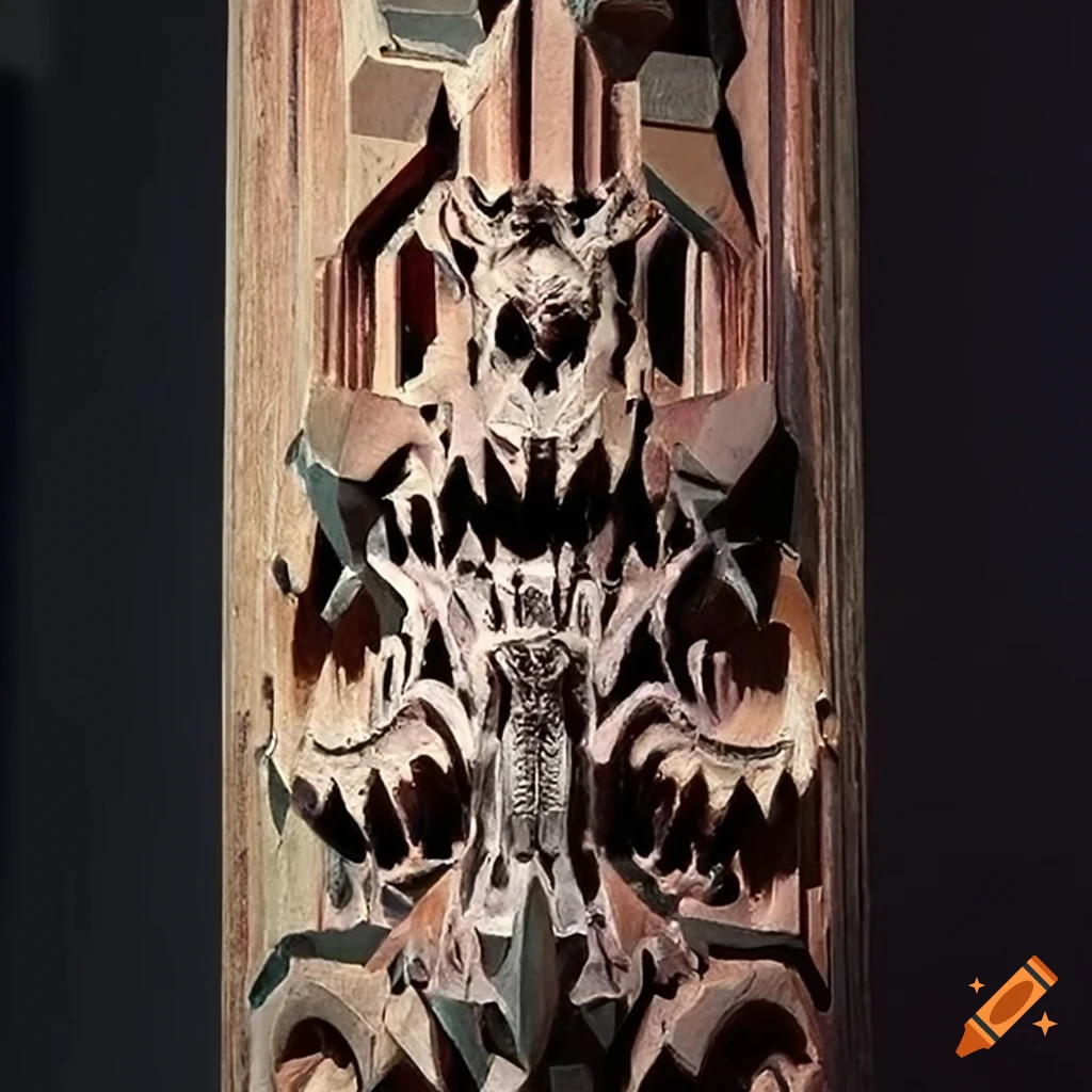 detailed carving artwork of a moth werewolf motif