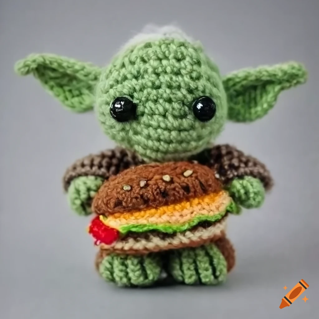 Yoda amigurumi figure holding a hamburger