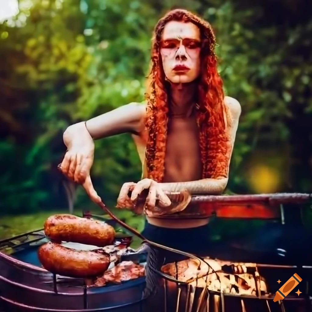cyberpunk-style image of grilling bratwurst in the garden