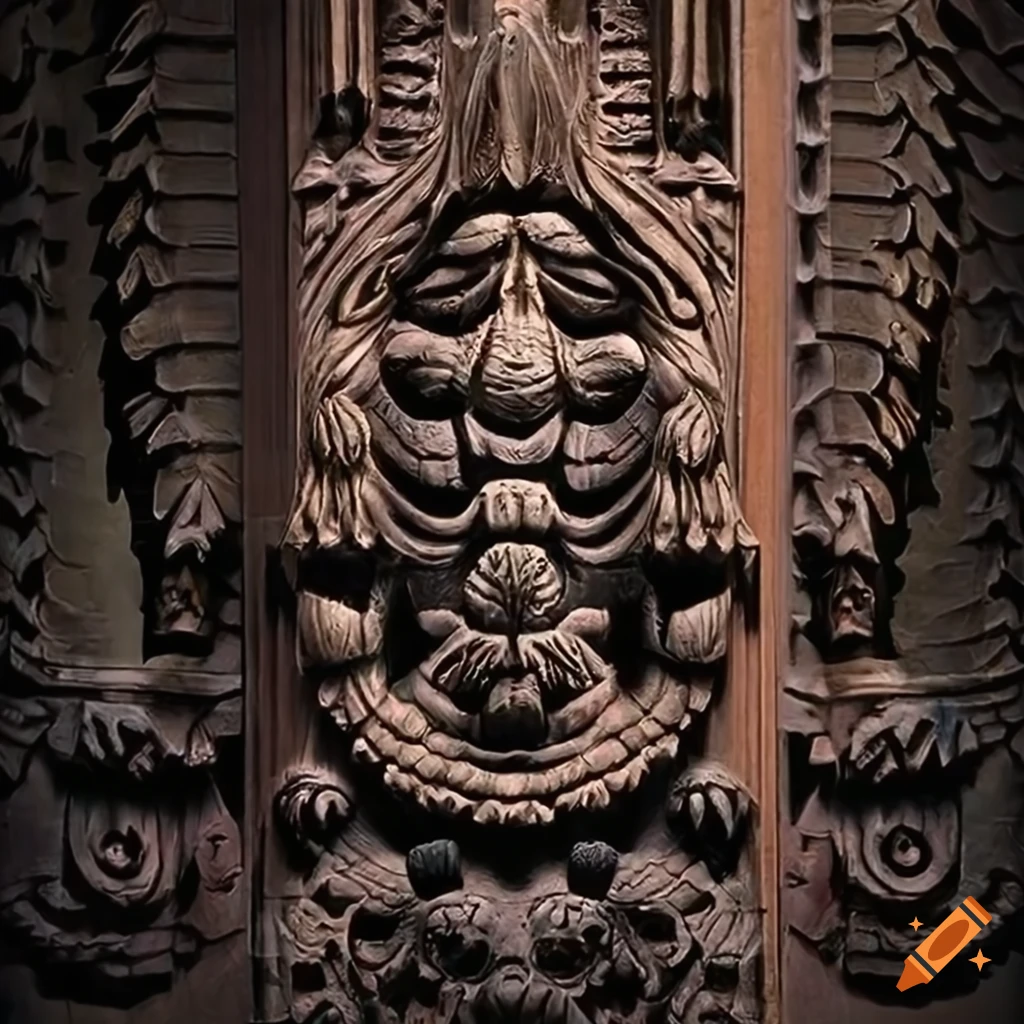 detailed artwork of architectural stave carving with a moth motif