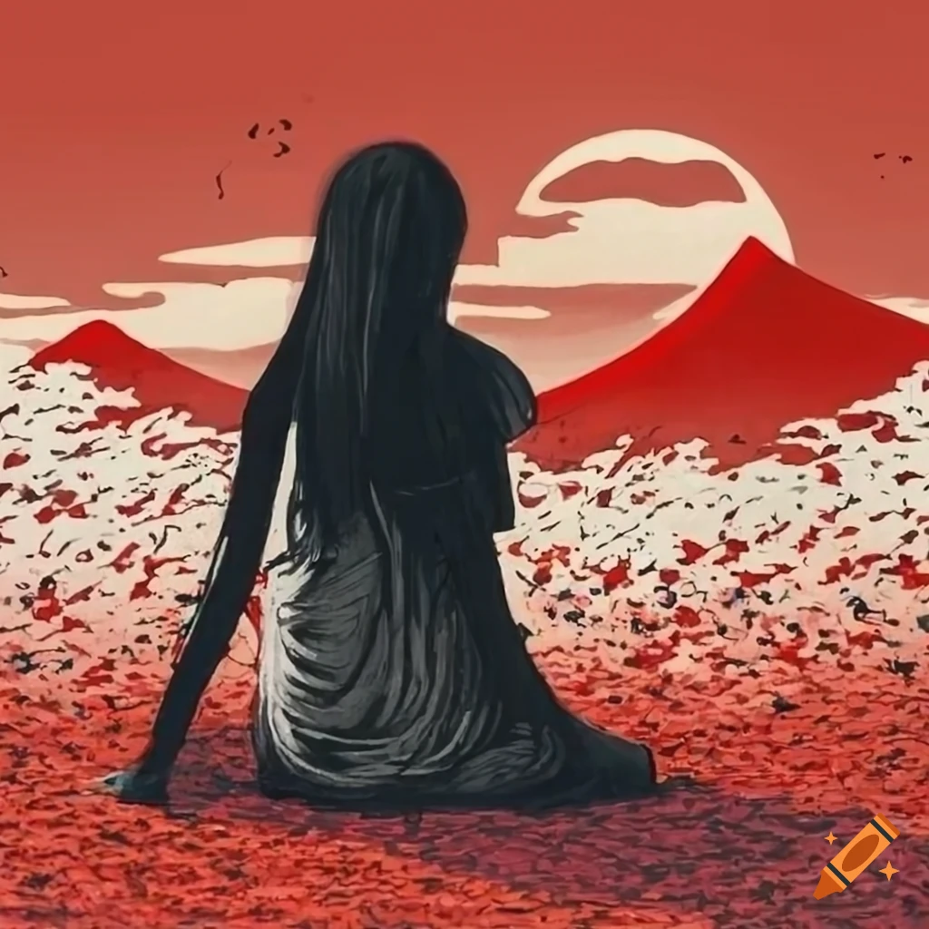 aquarella painting of a woman and a little girl in front of a Japanese landscape