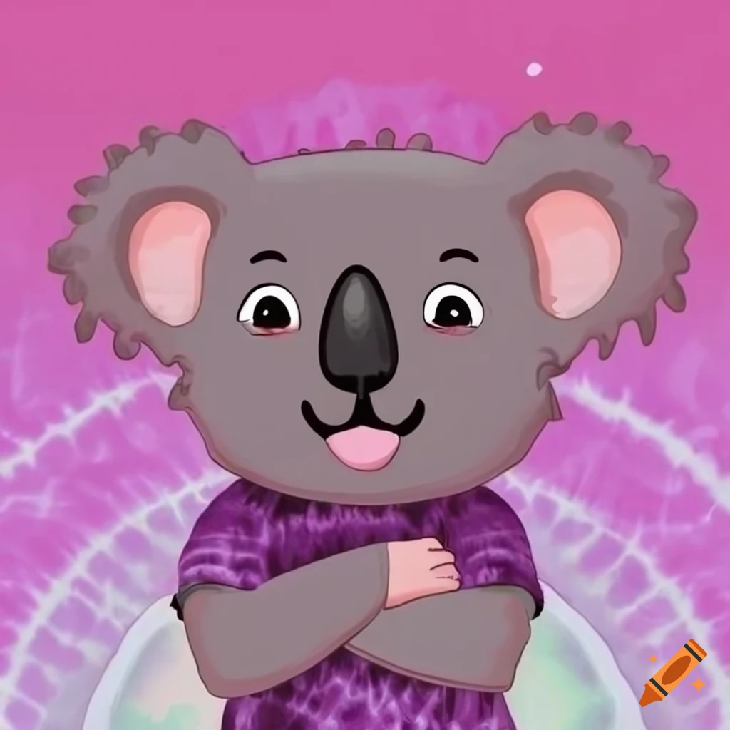 cartoon koala bear in tie dye shirt in colorful sunset