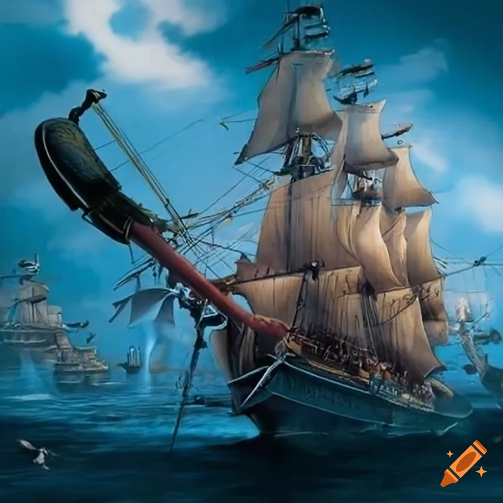 artwork of a naval battle between pirates