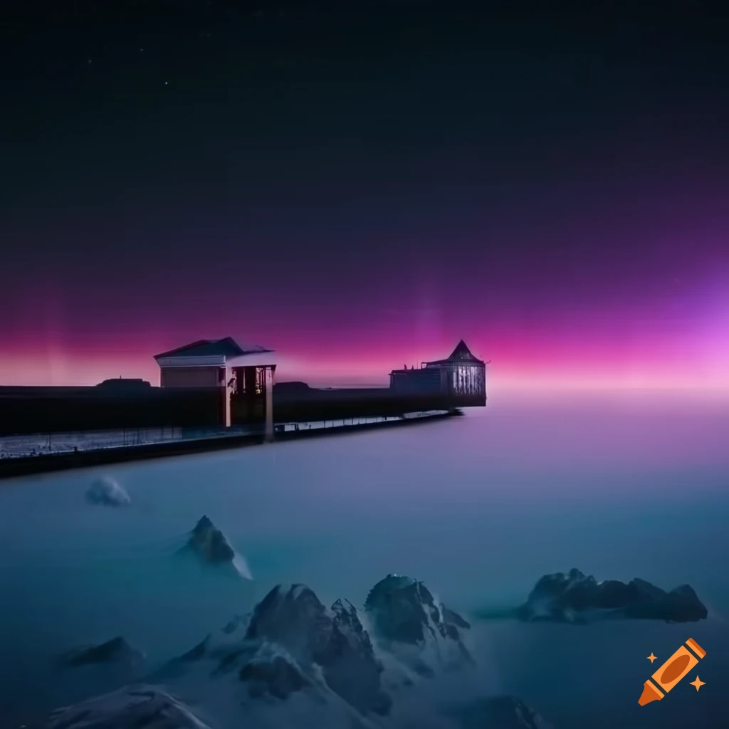 train station platform in space with northern lights