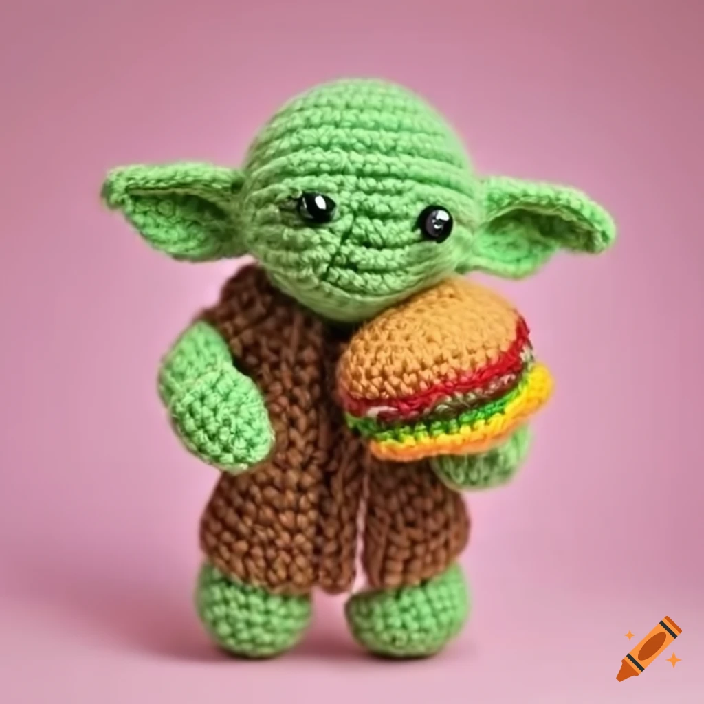 Yoda amigurumi holding a hamburger