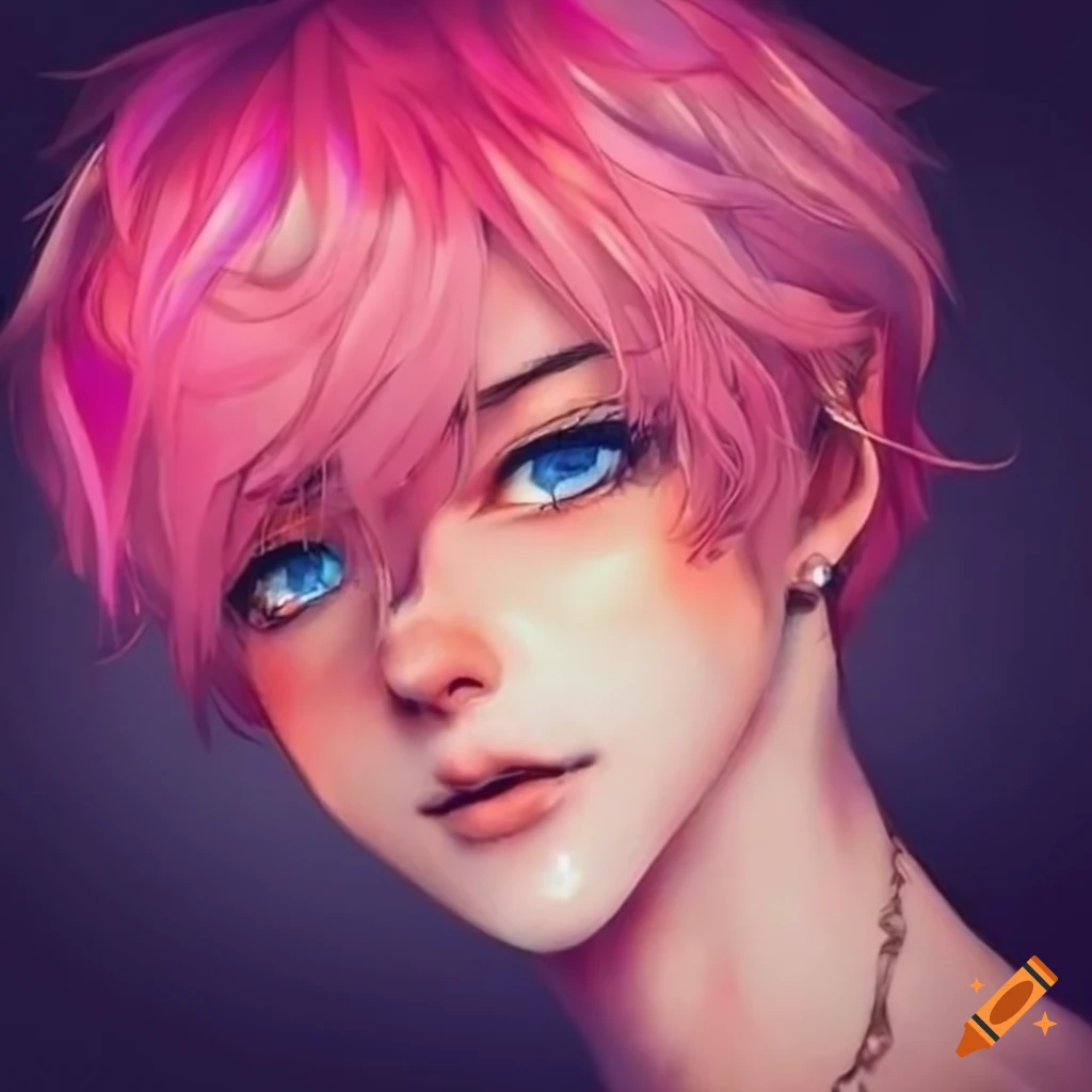 cute boy with blue eyes and pink hair at sunset