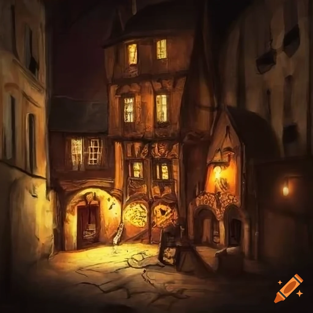 night scene of a medieval inn in Paris