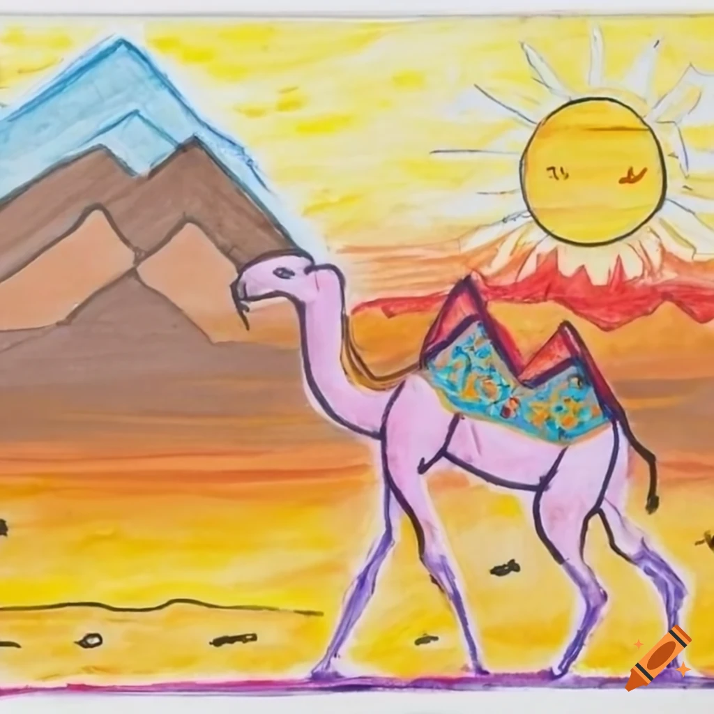 vibrant arabic art with mountains and camels