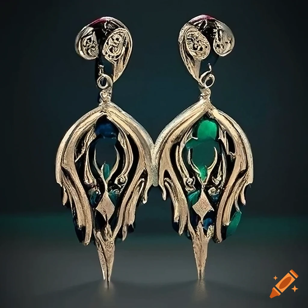 detailed earrings with 'Architectural Stave carving' style