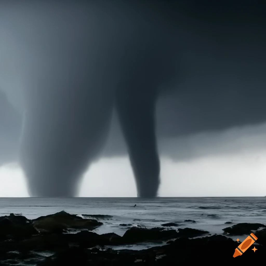 coastal scene with tornadoes and tsunamis