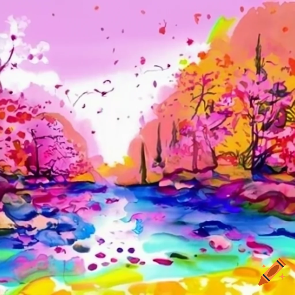 Japanese style ink painting of a cherry tree landscape