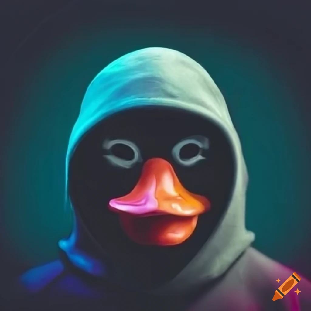 hacker duck with a sweatshirt looking at the screen