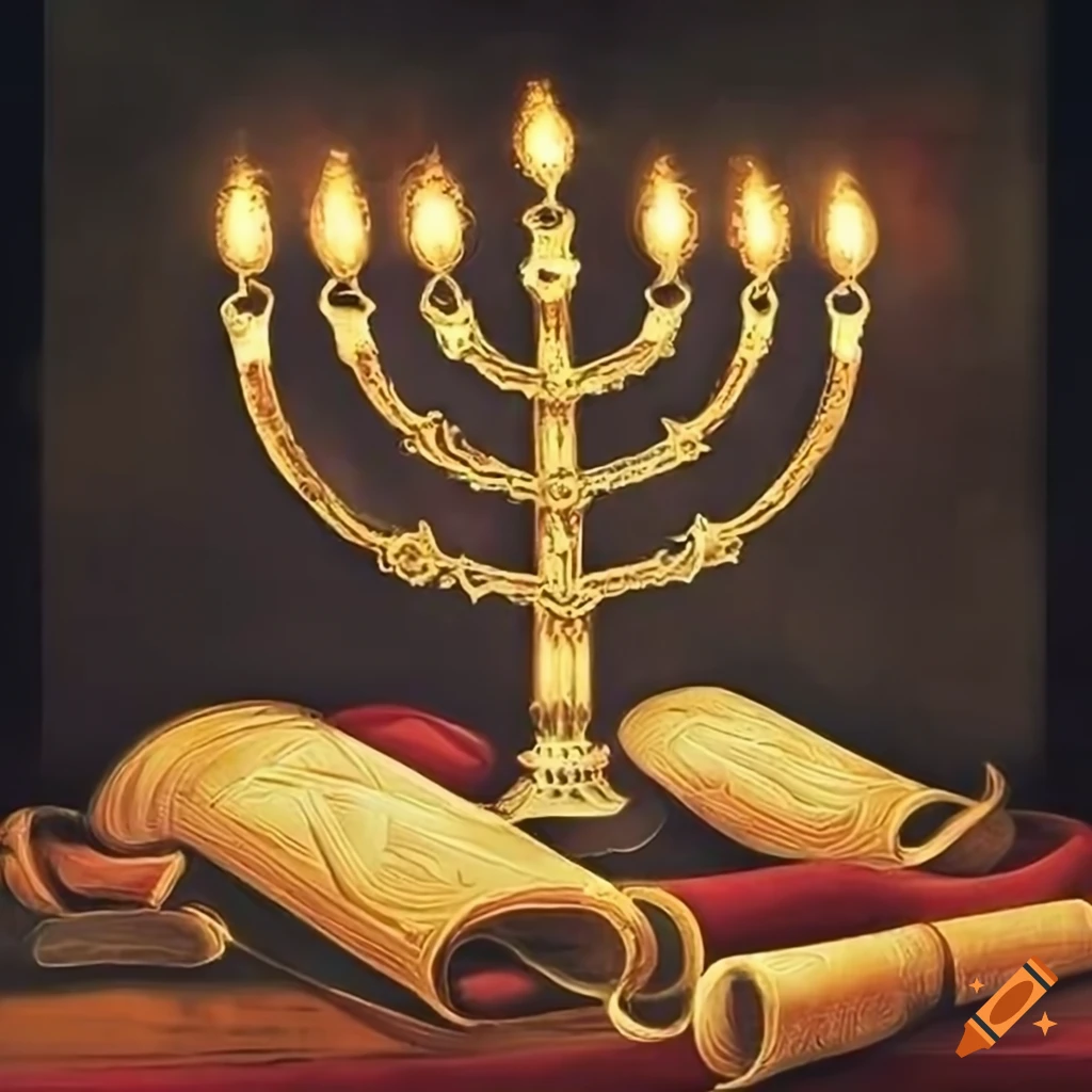 artwork of Menorah and Torah scroll